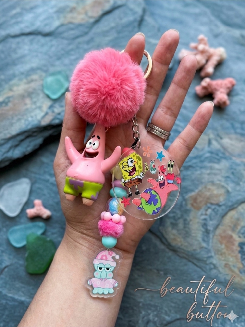 Junk keychain Patrick Star & SpongeBob Keychains Set with Pom Pom